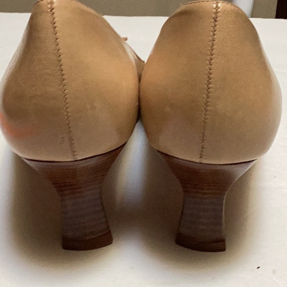 Antonio Melani Neutral Fawn Faux Lace Up Leather Square Toe Wood Stack Heels - Picture 4 of 10